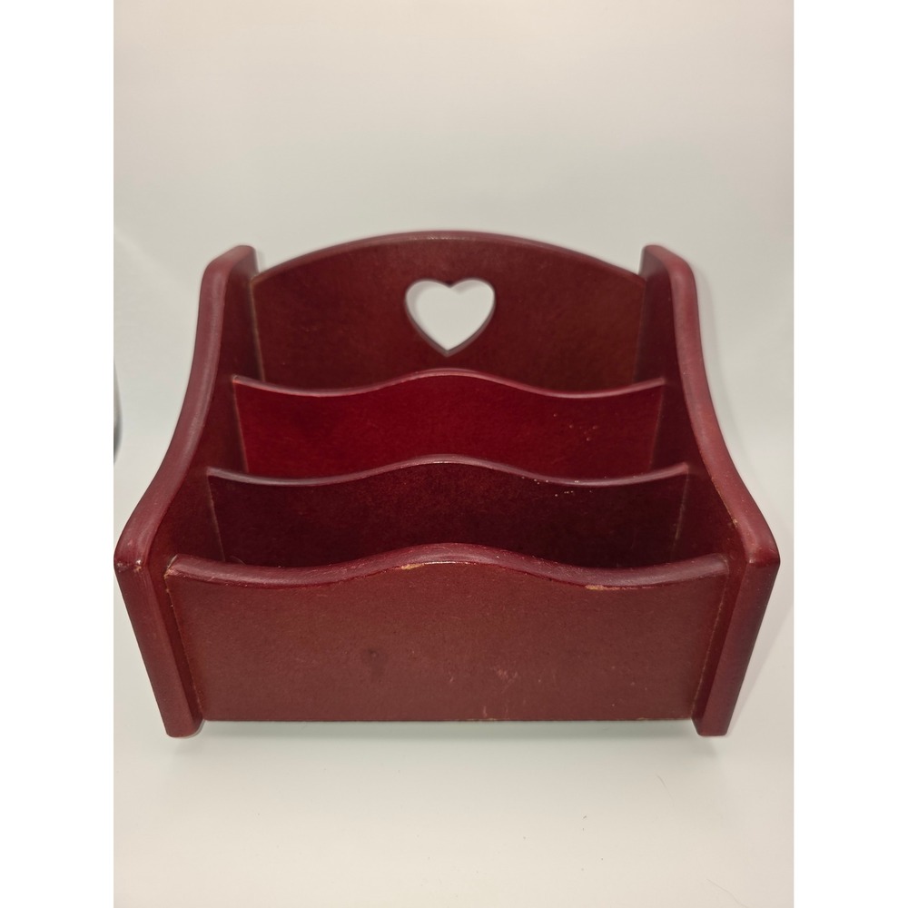 Vtg Red Wooden Rotating Desk Organizer Heart Cutout Mail Letter Sorter 3 Slot